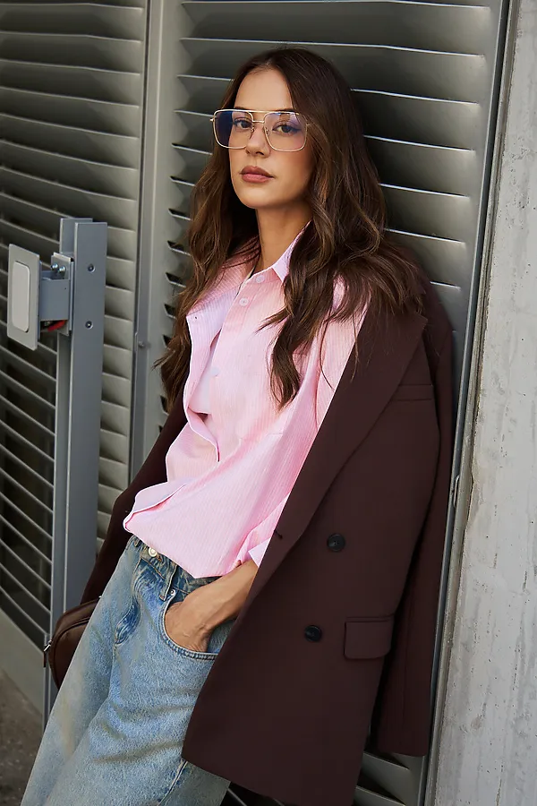 Рубашка оверсайз в полоску хлопковая НАТАЛИ, розовый - фото 2