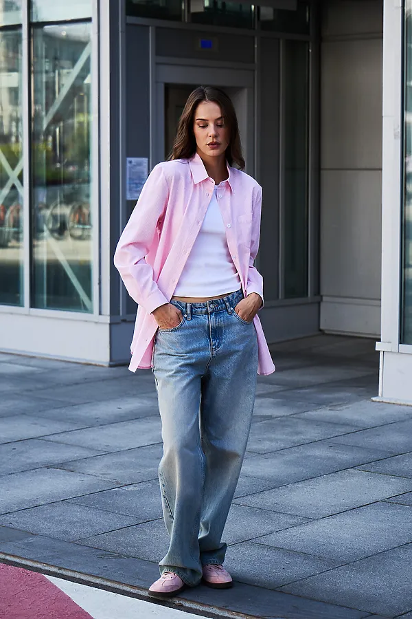 Рубашка оверсайз в полоску хлопковая НАТАЛИ, розовый - фото 2