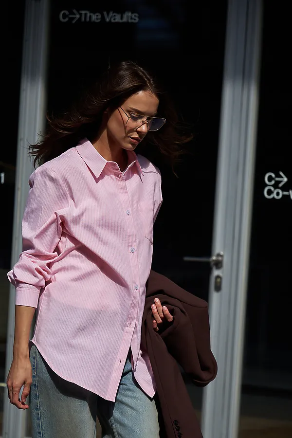 Рубашка оверсайз в полоску хлопковая НАТАЛИ, розовый - фото 2