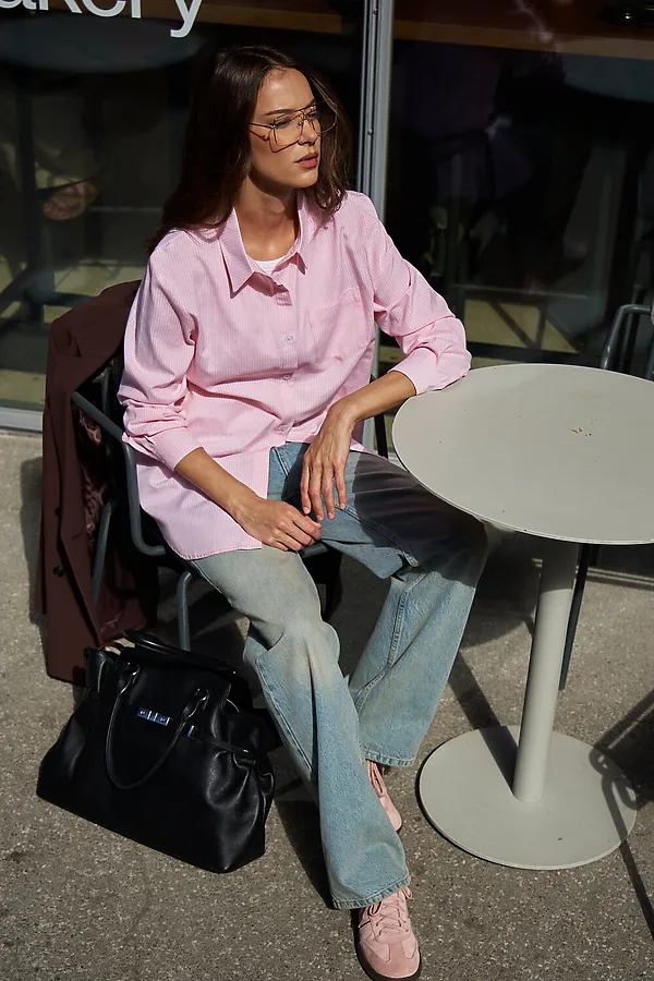 Рубашка оверсайз в полоску хлопковая НАТАЛИ, розовый - фото 2