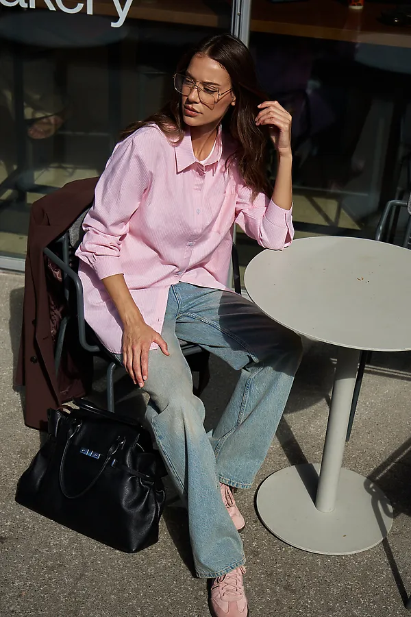 Рубашка оверсайз в полоску хлопковая НАТАЛИ, розовый - фото 2