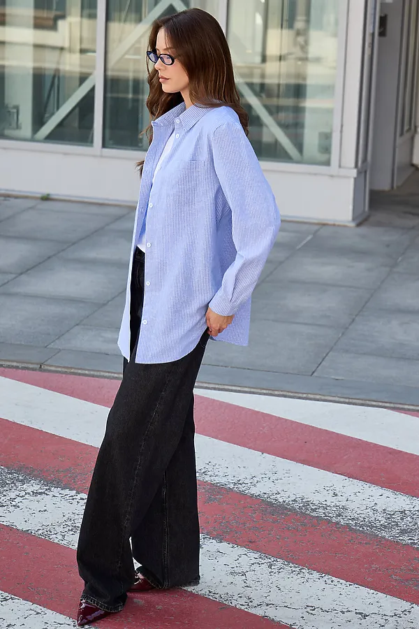 Рубашка оверсайз в полоску хлопковая НАТАЛИ, синий - фото 2