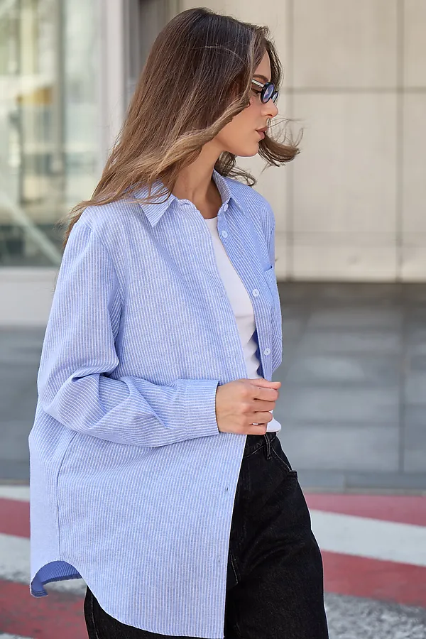 Рубашка оверсайз в полоску хлопковая НАТАЛИ, синий - фото 2