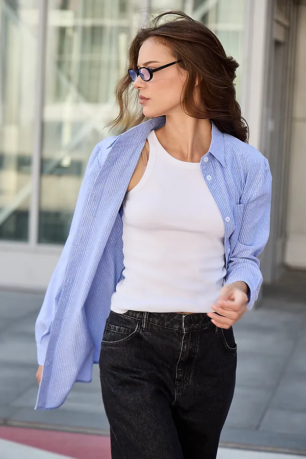 Рубашка оверсайз в полоску хлопковая НАТАЛИ, синий - фото 2