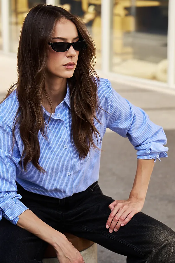 Рубашка оверсайз в полоску хлопковая НАТАЛИ, синий - фото 2