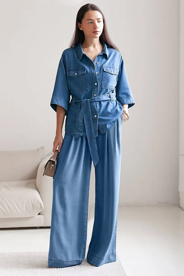 Брюки-палаццо с поясом на резинке из джинсового лиоцелла VILATTE, светло-синий - фото 2