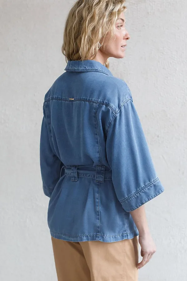 Удлиненная блузка с поясом и карманами из джинсового лиоцелла VILATTE, светло-синий - фото 2