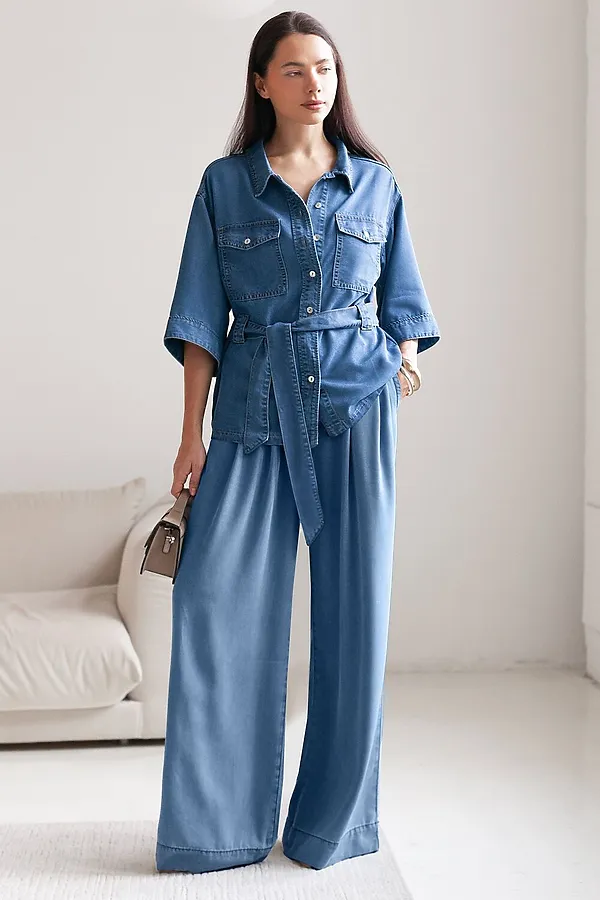 Удлиненная блузка с поясом и карманами из джинсового лиоцелла VILATTE, светло-синий - фото 2