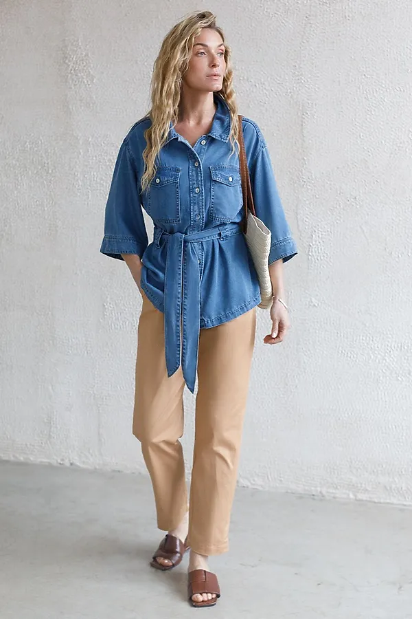 Удлиненная блузка с поясом и карманами из джинсового лиоцелла VILATTE, светло-синий - фото 2