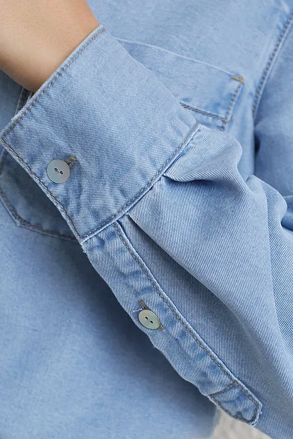 Укороченная блузка с кулиской из джинсового лиоцелла VILATTE, светло-голубой - фото 2