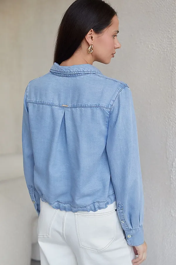 Укороченная блузка с кулиской из джинсового лиоцелла VILATTE, светло-голубой - фото 2