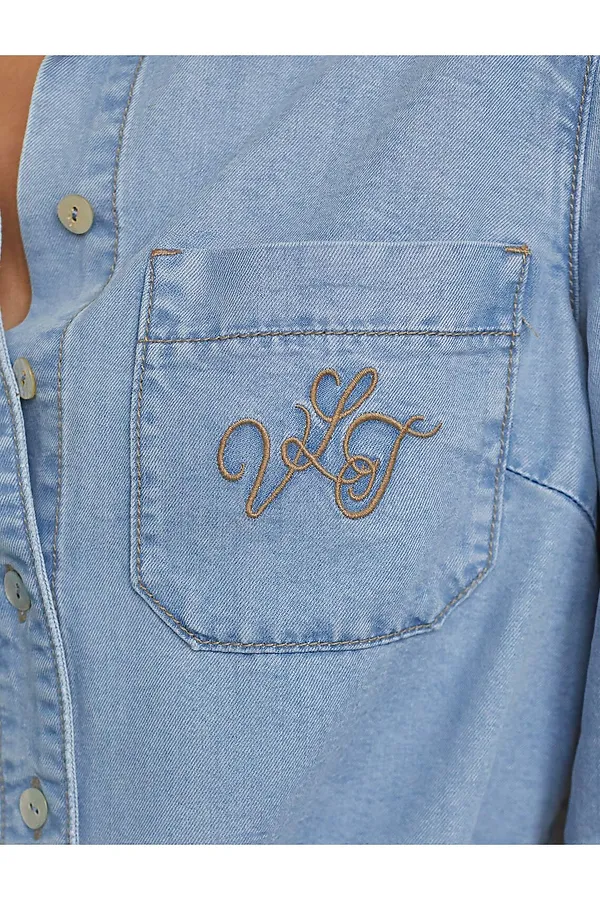 Укороченная блузка с кулиской из джинсового лиоцелла VILATTE, светло-голубой - фото 2