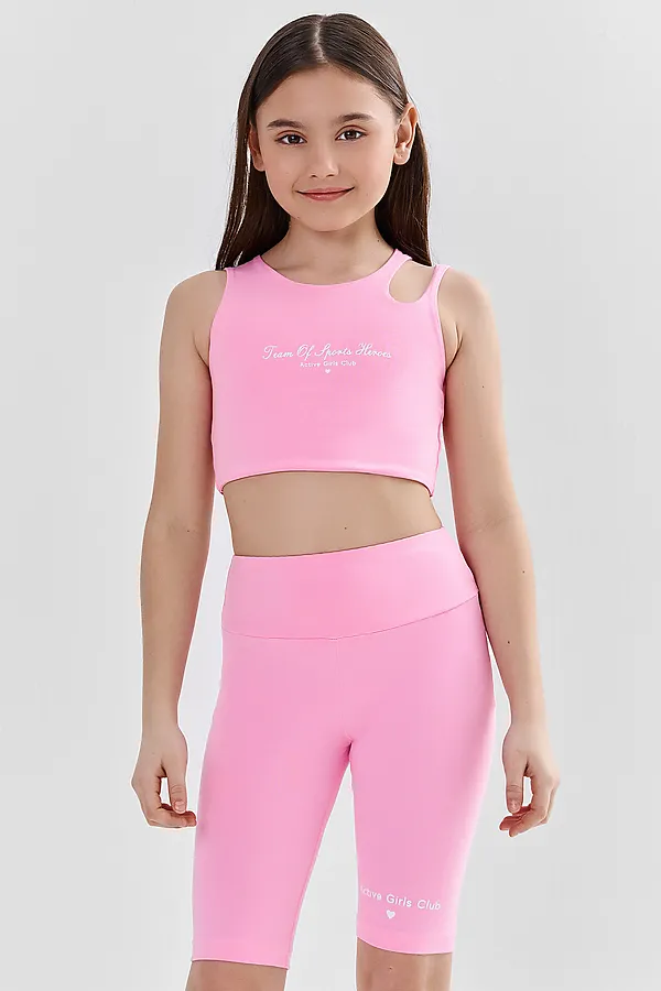 Комплект для девочек (топ для занятий спортом, велосипедки) MARK FORMELLE, розовый +печать - фото 2