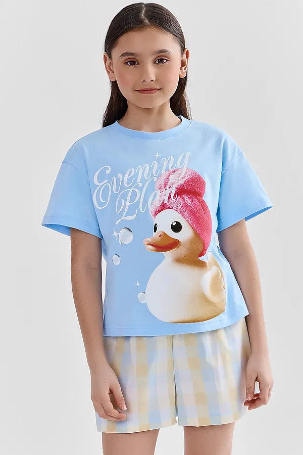 Комплект для девочек (футболка, шорты) MARK FORMELLE, небо +желто -голубая клетка - фото 2