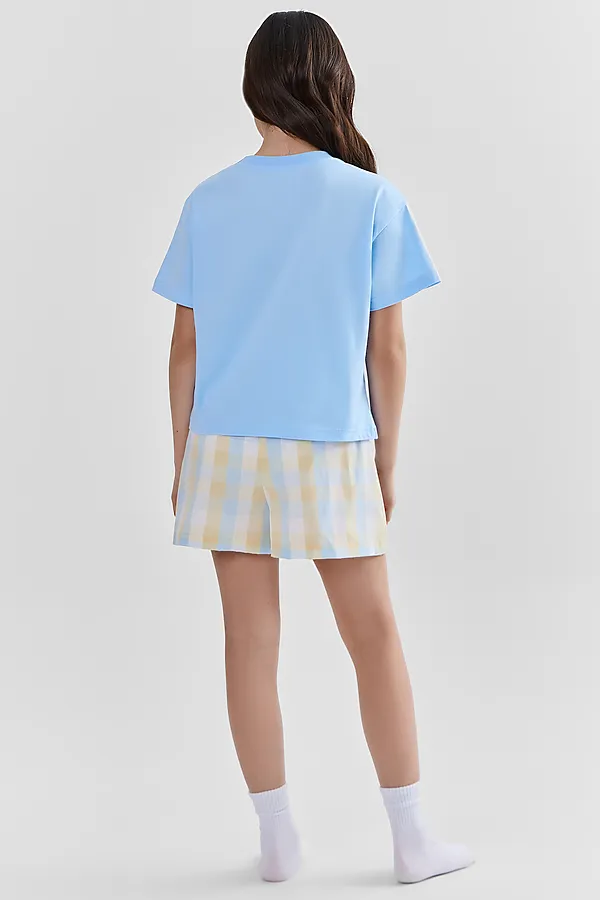 Комплект для девочек (футболка, шорты) MARK FORMELLE, небо +желто -голубая клетка - фото 2