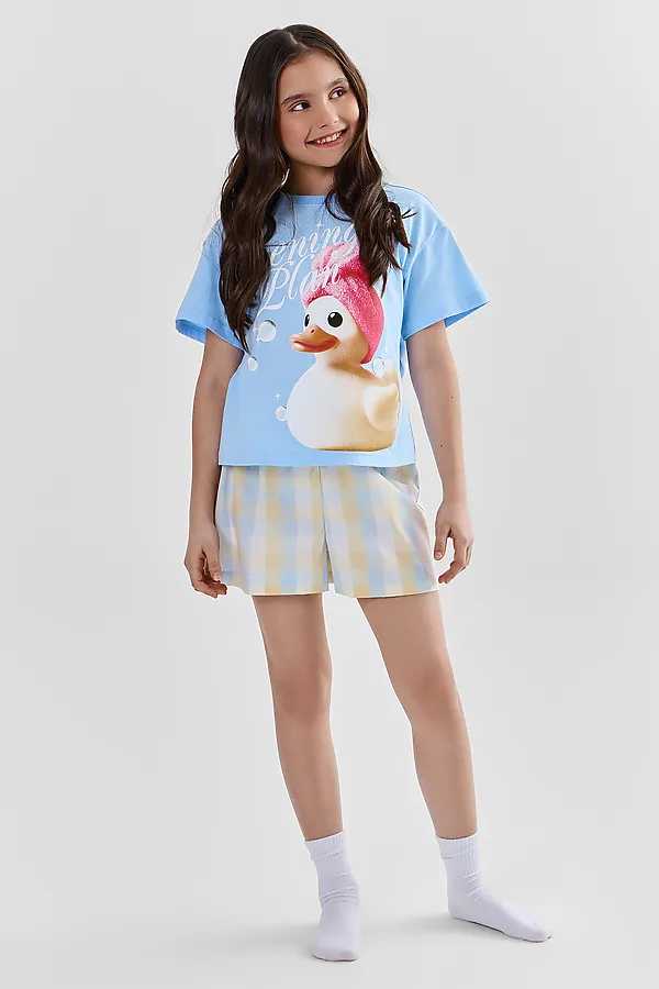 Комплект для девочек (футболка, шорты) MARK FORMELLE, небо +желто -голубая клетка - фото 2
