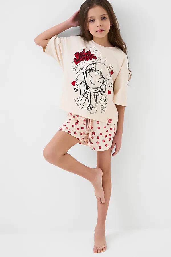 Комплект трикотажный для девочек: фуфайка (футболка), шорты PLAYTODAY, красный - фото 2