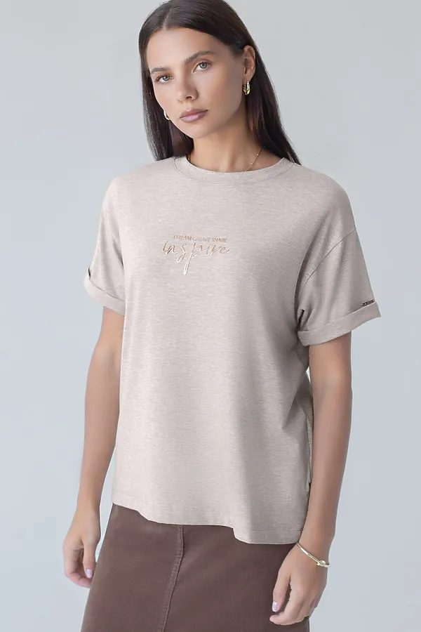 Футболка из премиального хлопка с авторским принтом VILATTE, кофейный меланж_inspire - фото 2