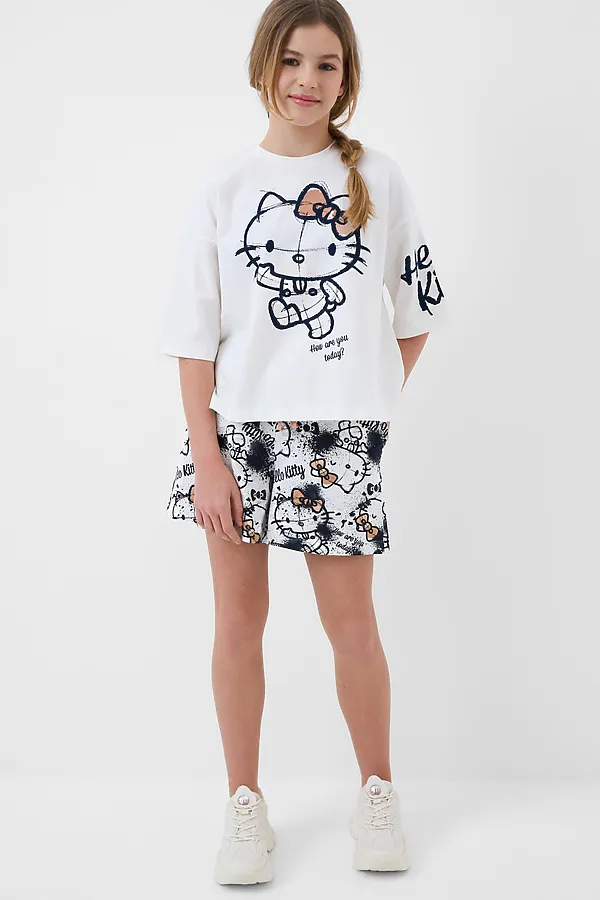 Комплект трикотажный для девочек: фуфайка (футболка), шорты PLAYTODAY, белый,бежевый,темно-серый - фото 2