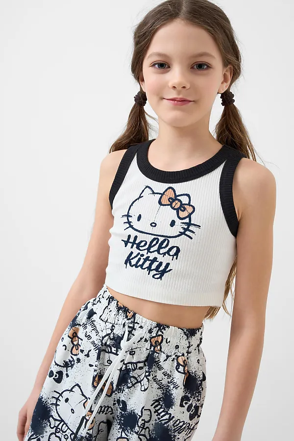 Комплект трикотажный для девочек: топ, брюки PLAYTODAY, темно-серый,белый,бежевый - фото 2