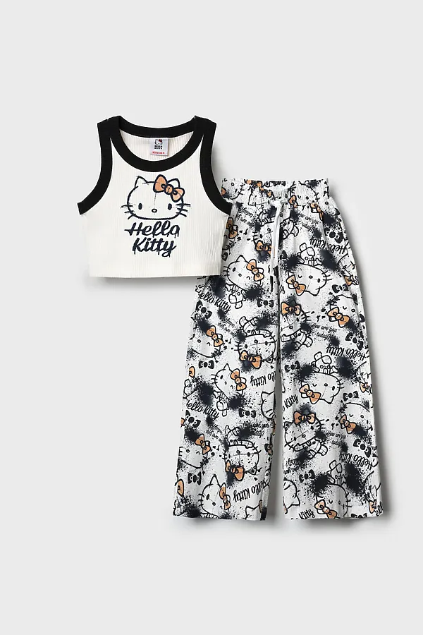 Комплект трикотажный для девочек: топ, брюки PLAYTODAY, темно-серый,белый,бежевый - фото 2