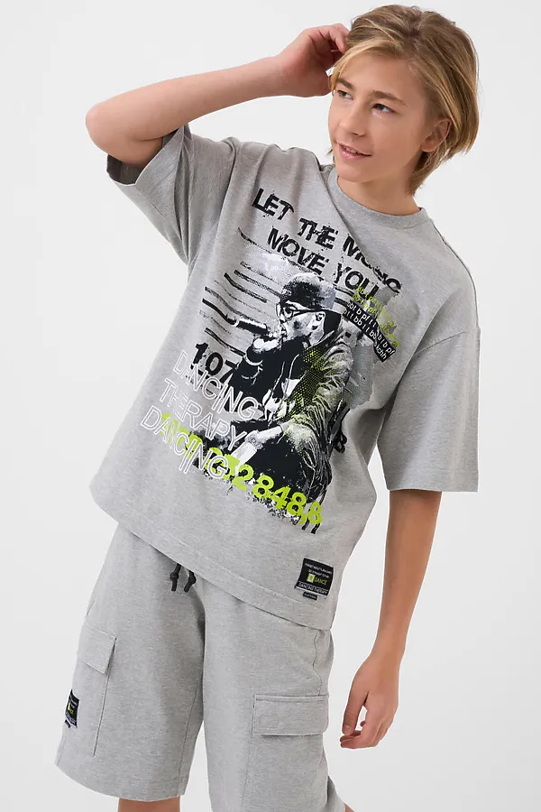 Комплект трикотажный для мальчиков: фуфайка (футболка), шорты PLAYTODAY, серый - фото 2