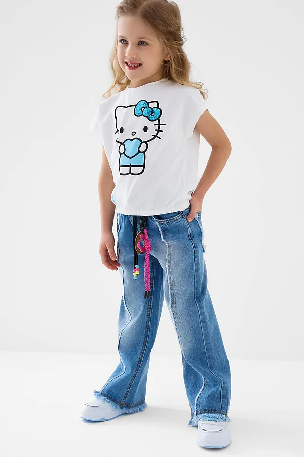 Брюки текстильные джинсовые для девочек PLAYTODAY, синий - фото 2