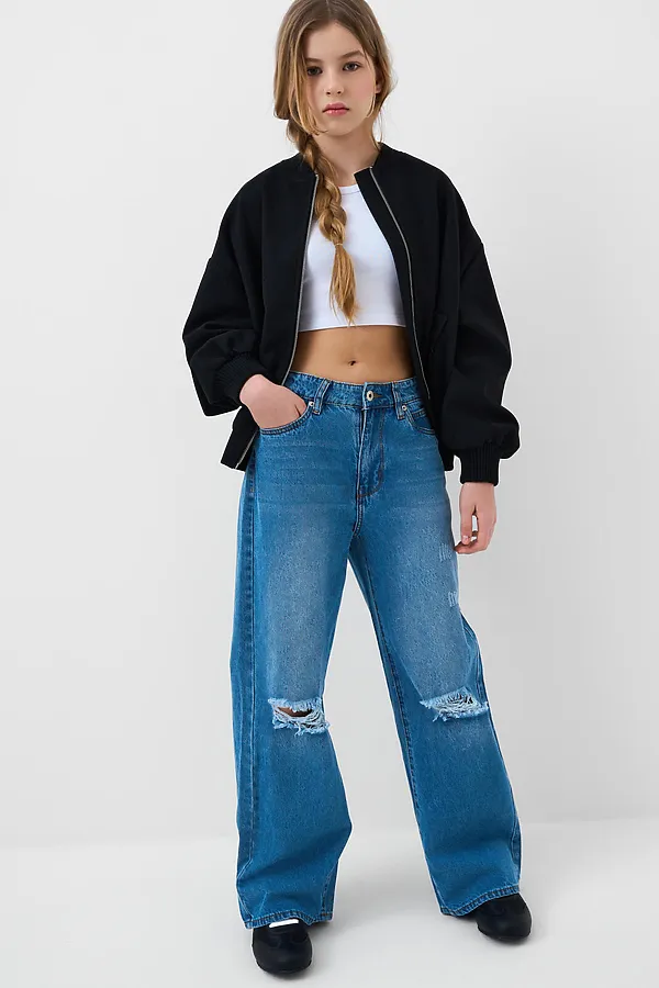 Брюки текстильные джинсовые для девочек PLAYTODAY, синий - фото 2