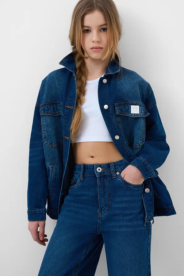 Брюки текстильные джинсовые для девочек PLAYTODAY, синий - фото 2