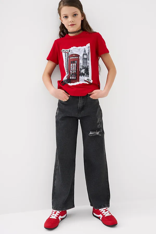 Брюки текстильные джинсовые для девочек PLAYTODAY, черный - фото 2