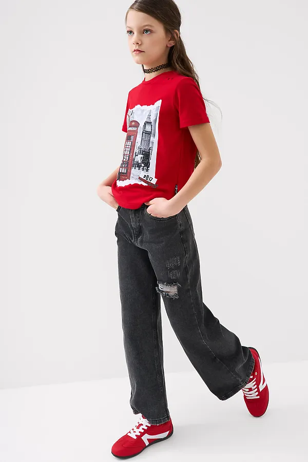 Брюки текстильные джинсовые для девочек PLAYTODAY, черный - фото 2