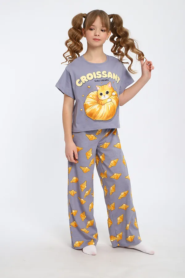 Пижама с брюками для девочки Котенок-круассан арт. ПД-015-084 НАТАЛИ, серый - фото 2