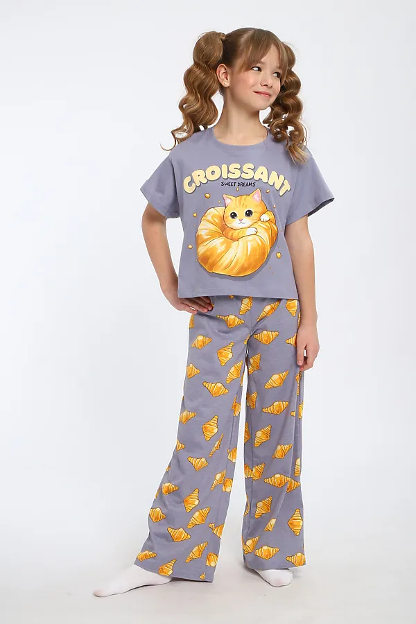 Пижама с брюками для девочки Котенок-круассан арт. ПД-015-084 НАТАЛИ, серый - фото 2