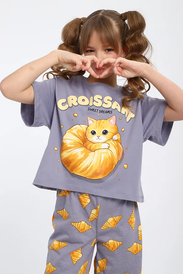Пижама с брюками для девочки Котенок-круассан арт. ПД-015-084 НАТАЛИ, серый - фото 2