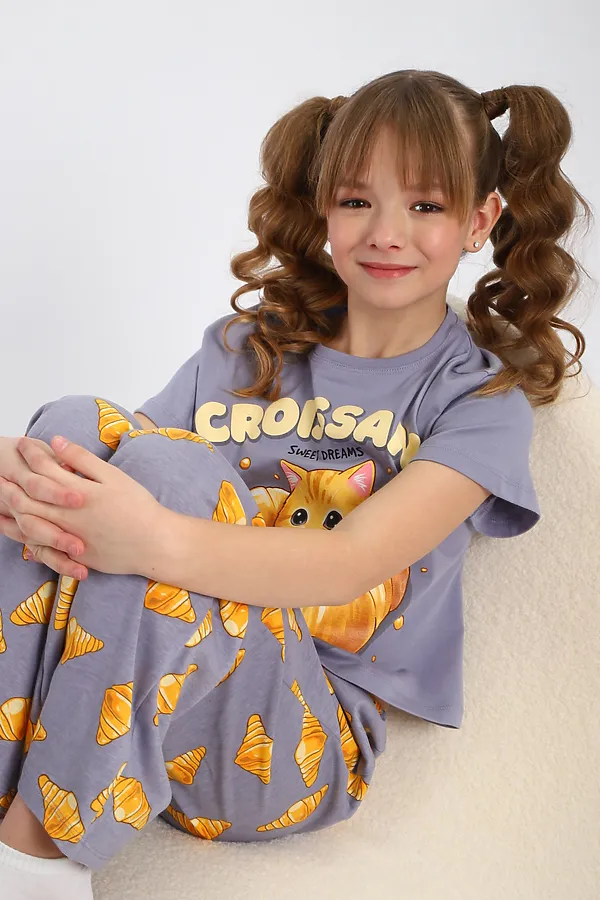 Пижама с брюками для девочки Котенок-круассан арт. ПД-015-084 НАТАЛИ, серый - фото 2