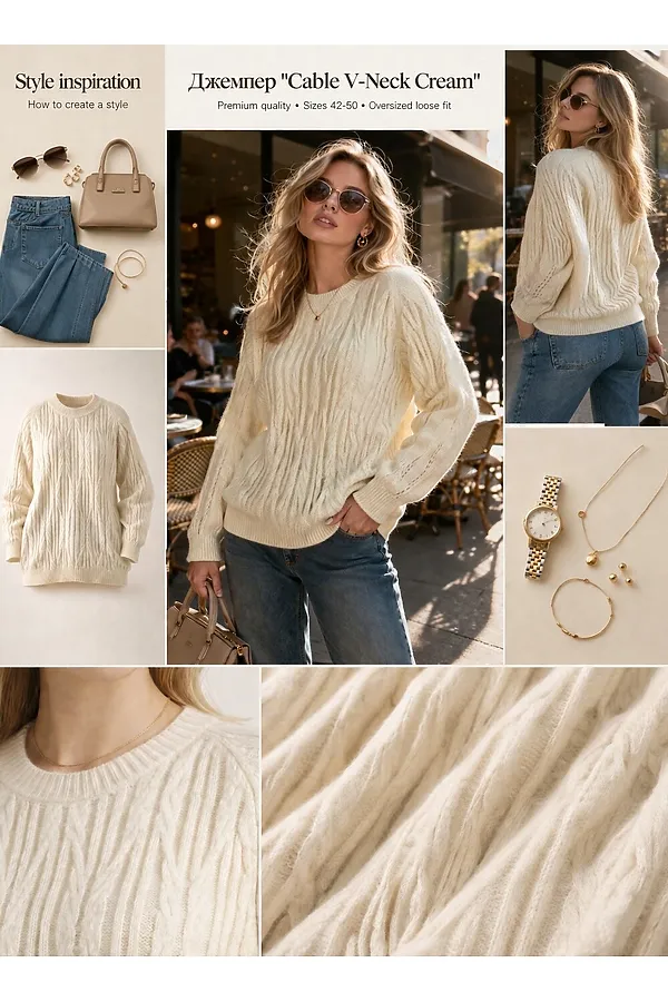 Джемпер Cable V-Neck Cream арт. 2027 НАТАЛИ, молочный - фото 2