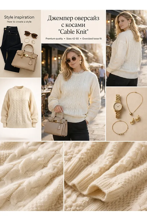 Джемпер Cable Knit арт. 2026 НАТАЛИ, молочный - фото 2