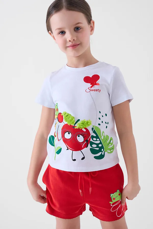 Комплект трикотажный для девочек: фуфайка (футболка), шорты PLAYTODAY, белый,красный - фото 2