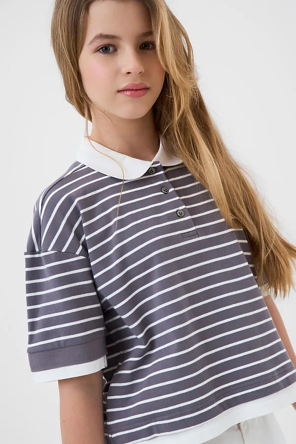 Джемпер трикотажный с воротником поло для девочек PLAYTODAY, белый,серый - фото 2