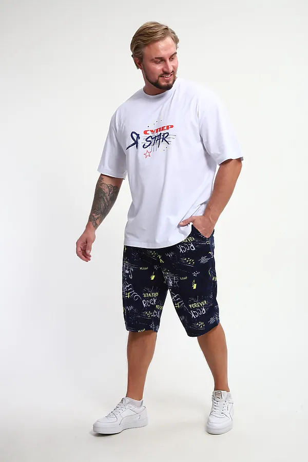 Костюм с шортами КМ-01 НАТАЛИ, синий/желтый/белый буквы star - фото 2