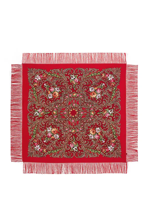 Платок с павлопосадским узором и длинной бахромой, 111 x 111 cm Nothing But Love, красный, розовый, бордовый - фото 2