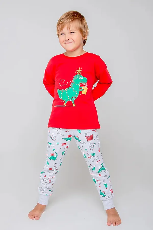 Пижама CROCKID SALE, насыщенно-красный,новогодние динозавры - фото 2