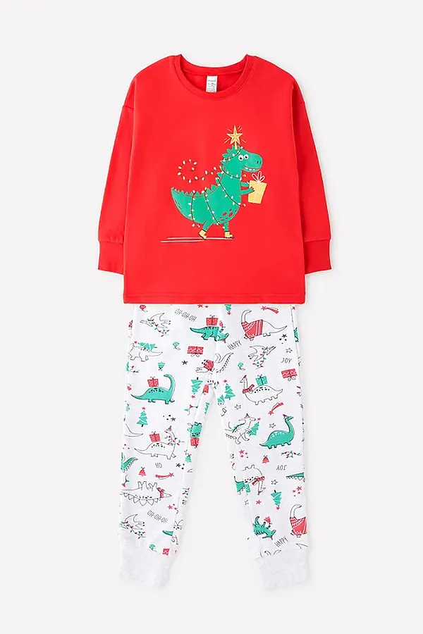 Пижама CROCKID SALE, насыщенно-красный,новогодние динозавры - фото 2