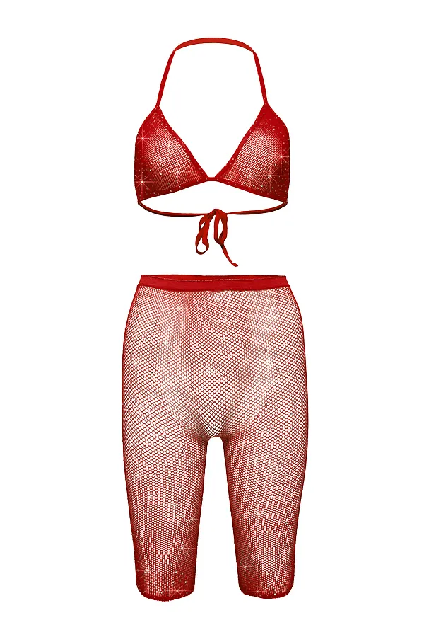 Комплект женский сетчатый со стразами бюстгальтер и короткие леггинсы эротическая одежда "Соблазн" LE CABARET, красный, серебристый - фото 2