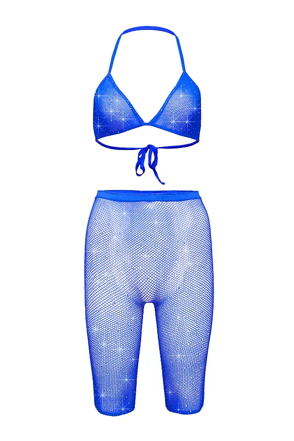 Комплект женский сетчатый со стразами бюстгальтер и короткие леггинсы эротическая одежда "Соблазн" LE CABARET, синий, серебристый - фото 2