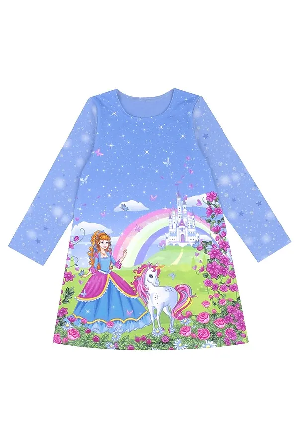 Платье АПРЕЛЬ, принцесса с единорогом+звездное небо на голубом с глиттером - фото 2