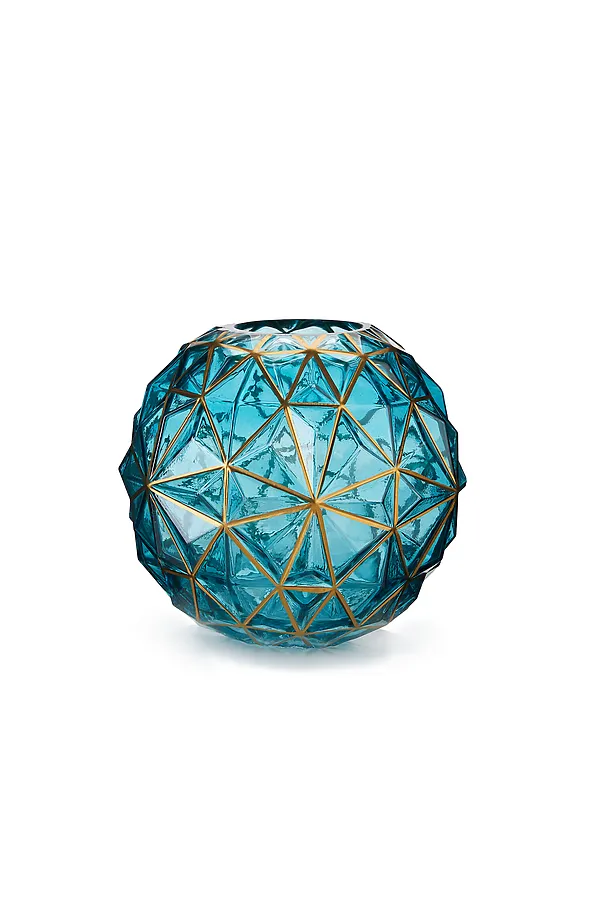 Ваза стеклянная ваза граненая цветочная ваза  из тонированного стекла "Стеклянный трон" MERSADA, морская волна, золотистый - фото 2