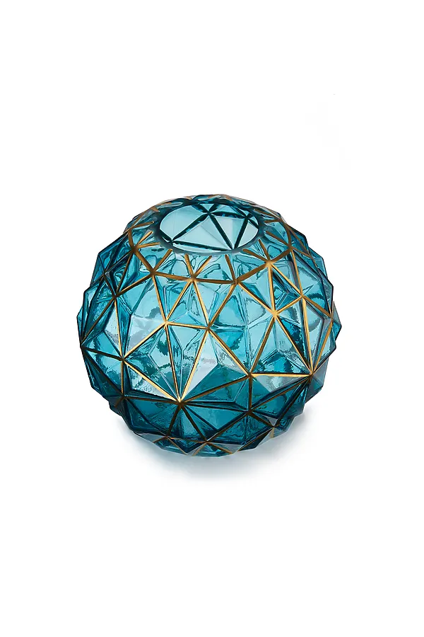 Ваза стеклянная ваза граненая цветочная ваза  из тонированного стекла "Стеклянный трон" MERSADA, морская волна, золотистый - фото 2