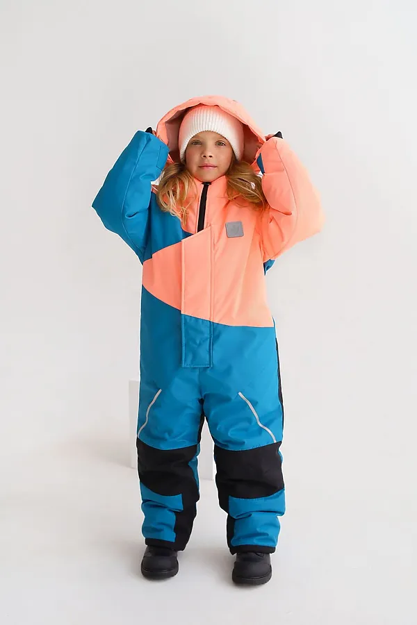 Комбинезон Colour block зима персик-лазурь MINIDINO, персик-лазурь - фото 2