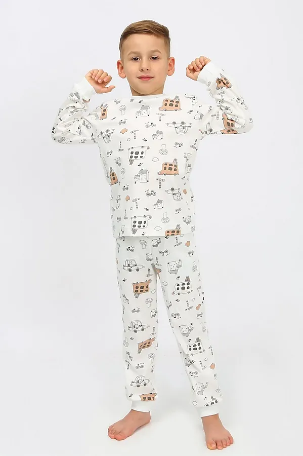 Пижама из интерлока "Автобусы" МАТВЕЙКА, молочный - фото 2